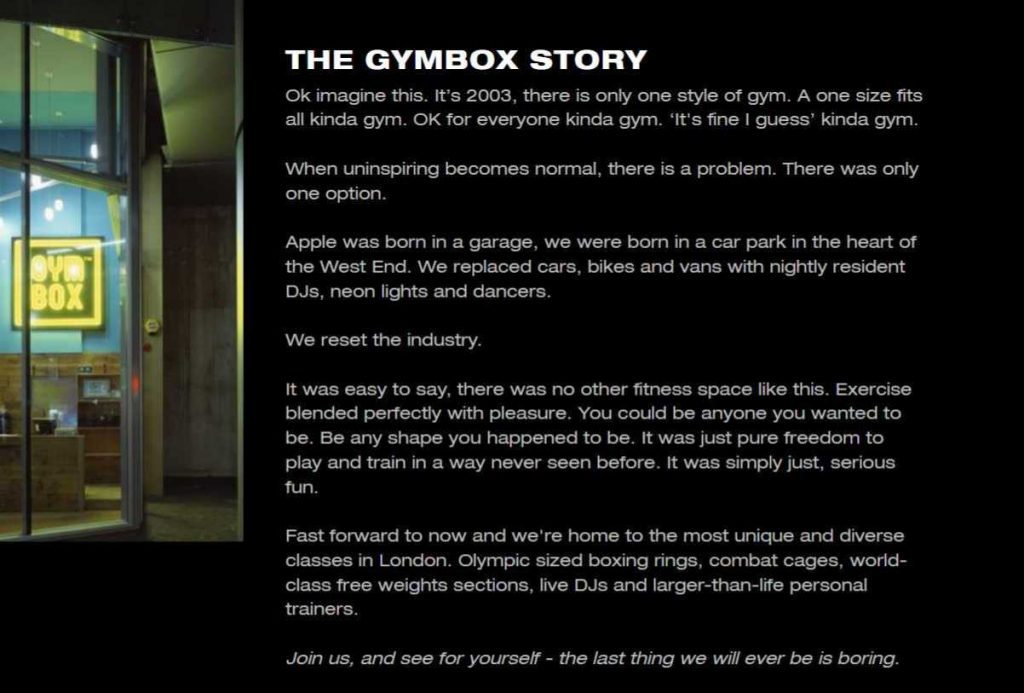 Gymbox à propos de nous capture d'écran - exemples de rédaction de fitness - blog COPify 3