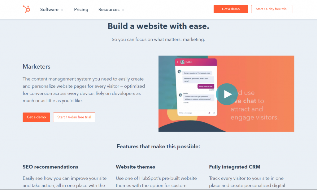 Capture d'écran de la page d'accueil de HubSpot - Page d'accueil vs page d'inscription - Blog COPify