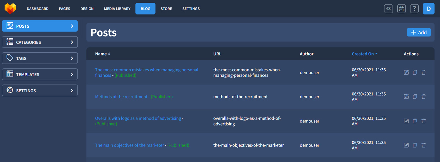 Moto CMS 管理面板：部分博客