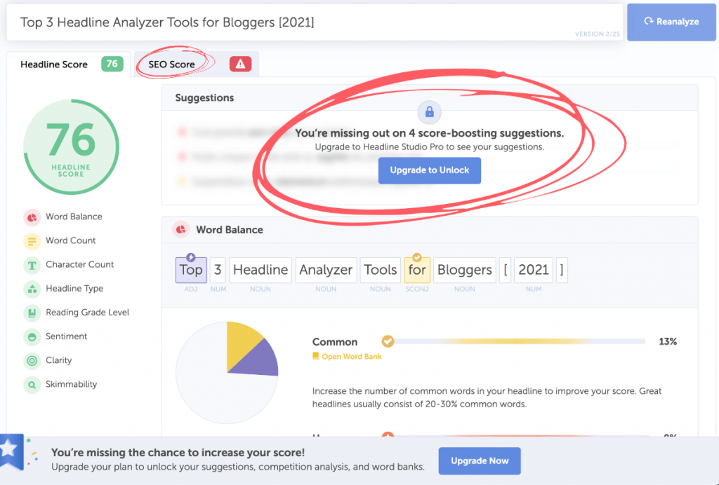 coschedule Headline Analyzer Screenshot der kostenlosen Version
