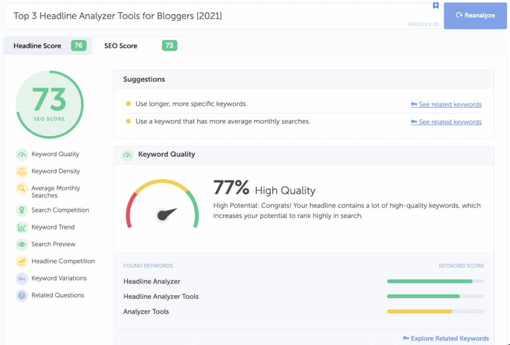 coschedule Analysetool SEO-Ergebnisse