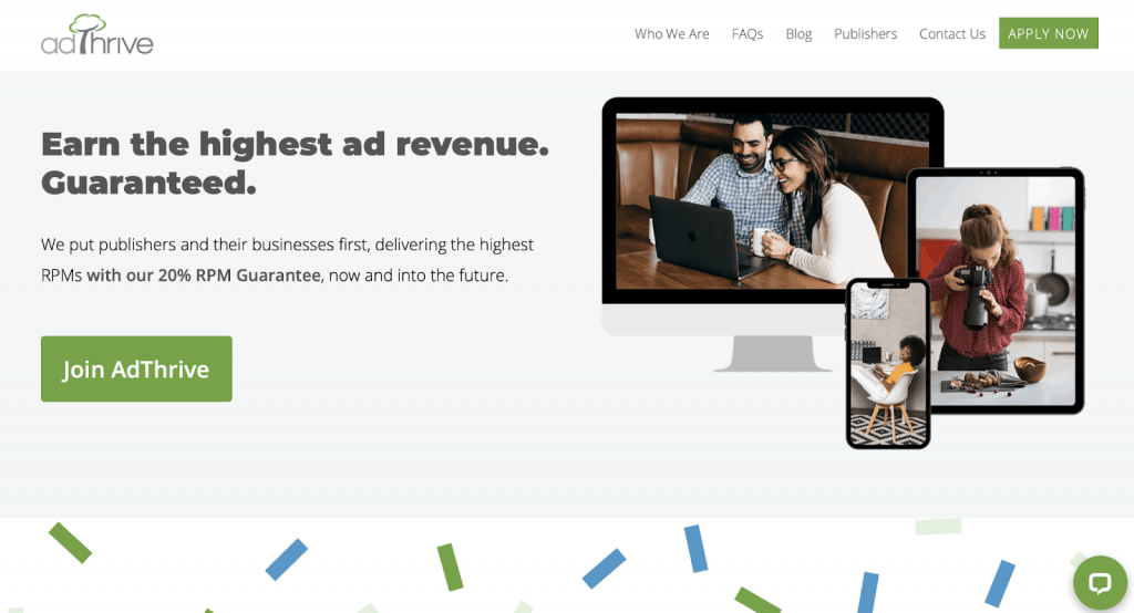 ภาพหน้าจอของหน้าแรกของ AdThrive สำหรับผู้เผยแพร่