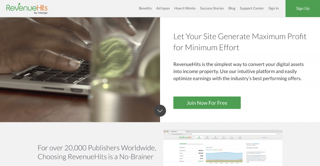 ภาพหน้าจอของหน้าแรกของ Revenue Hits สำหรับผู้เผยแพร่