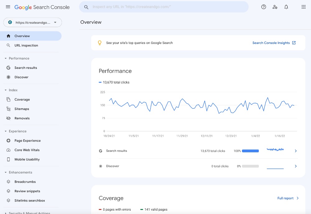 Capture d'écran de la page Google Search Console de Create and Go
