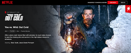 Capture d'écran de la vidéo interactive You vs Wild Out Cold 2021 de Netflix
