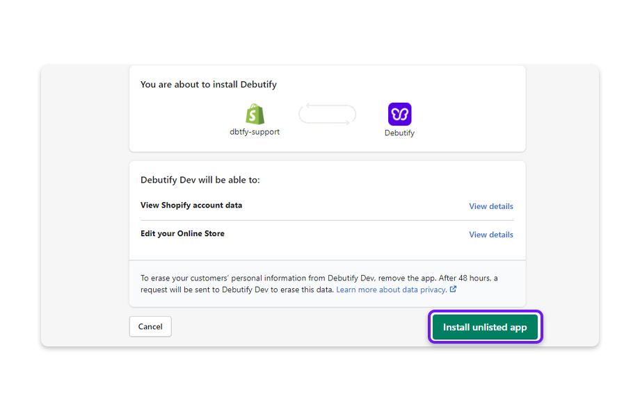 ไปที่บัญชี Shopify ของคุณแล้วคลิกติดตั้งแอปที่ไม่อยู่ในรายการ