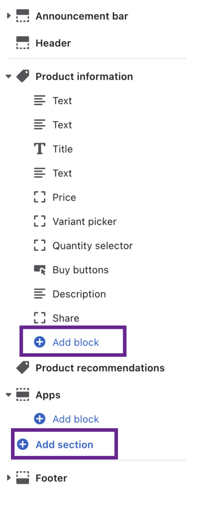 เครื่องมือปรับแต่งของ Shopify สำหรับหน้าสินค้าโดยเน้นที่เพิ่มบล็อกและเพิ่มส่วน