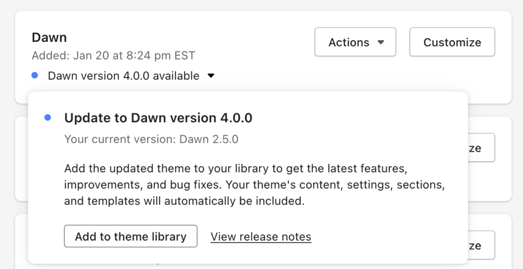 Shopify จะแสดงเมื่อมีเวอร์ชันใหม่ของธีม
