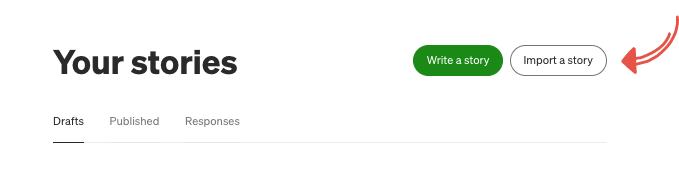 ミディアムパブリッシングインターフェイスの[ストーリーのインポート]ボタンを示すスクリーンショット。