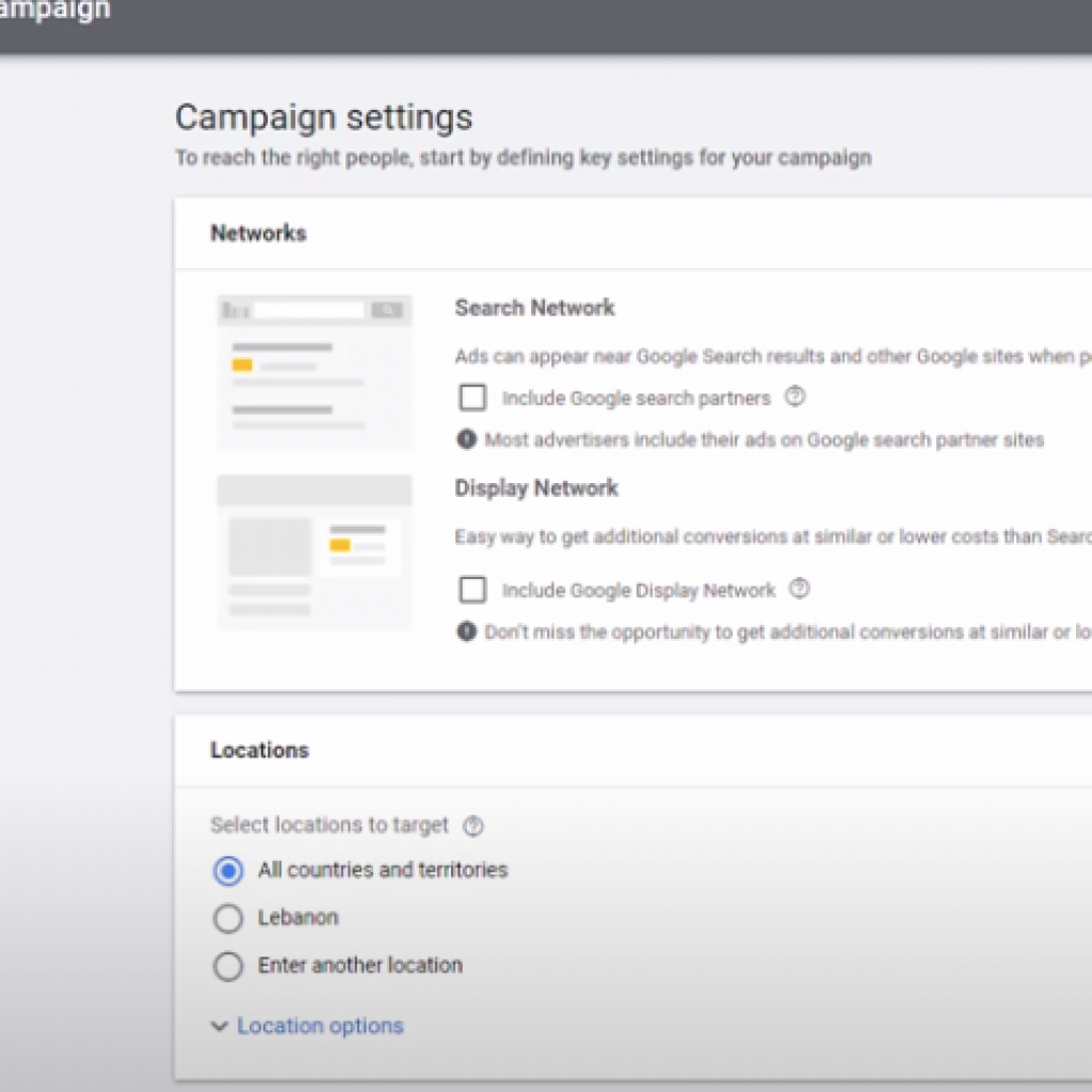 取消选中谷歌广告上的搜索或展示网络广告