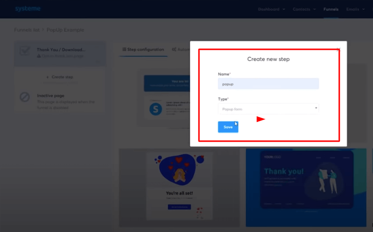 systeme.io에서 새로운 단계 만들기 이메일 보내기