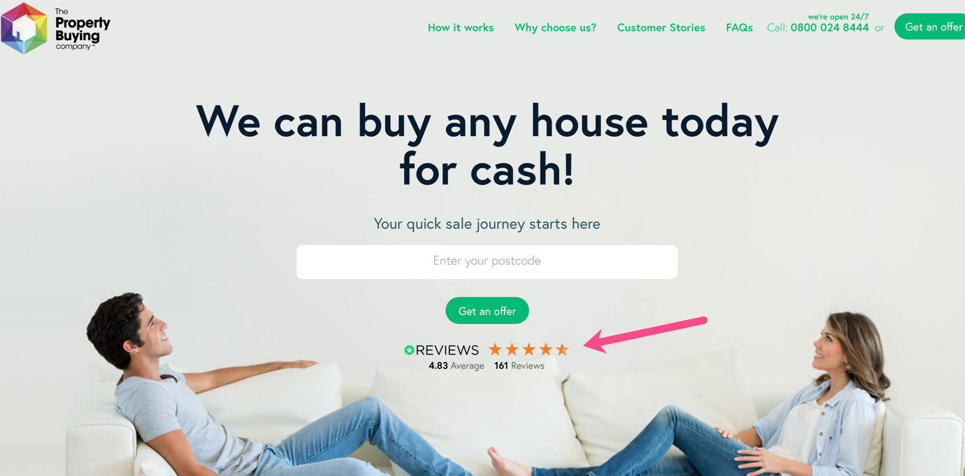 ウェブサイトのコンバージョン率を改善するための社会的証明の例のスクリーンショット