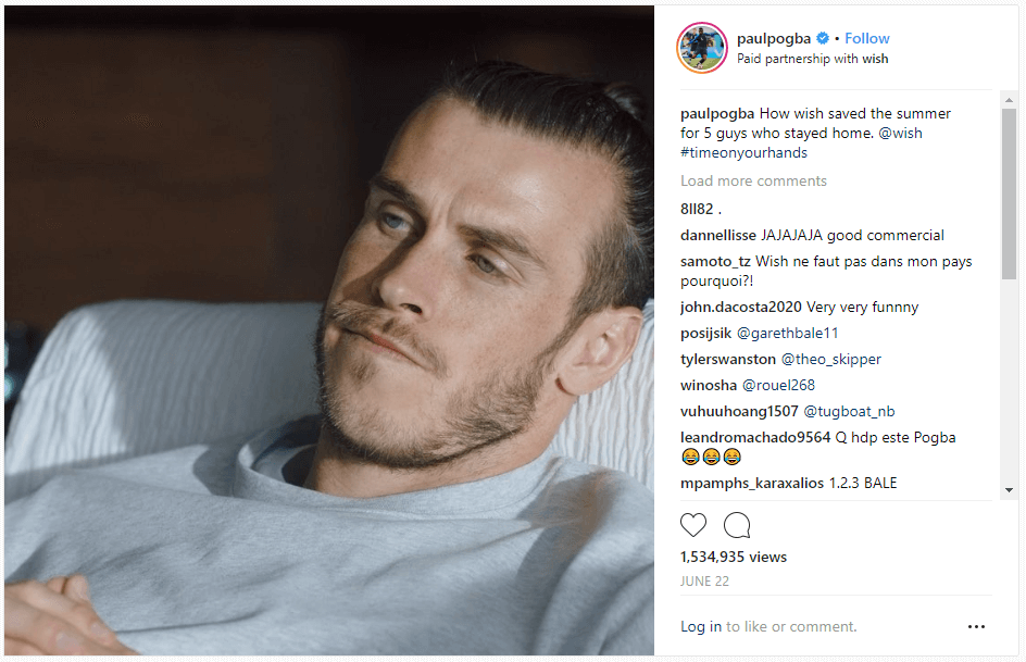 Capture d'écran de la campagne Wish partagée par le footballeur Paul Pogba