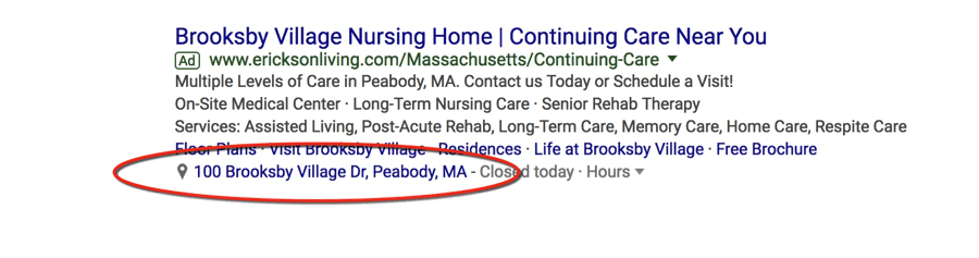 Capture d'écran des extensions Google Ads dans l'annonce des résultats de recherche Google