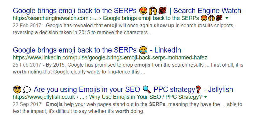 Exemplo de emojis sendo usados ​​nas páginas de resultados do mecanismo de pesquisa do Google