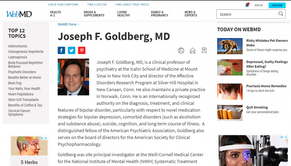 WebMD의 작성자 페이지 스크린샷
