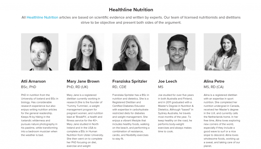Healthline 영양 작가 페이지의 스크린샷