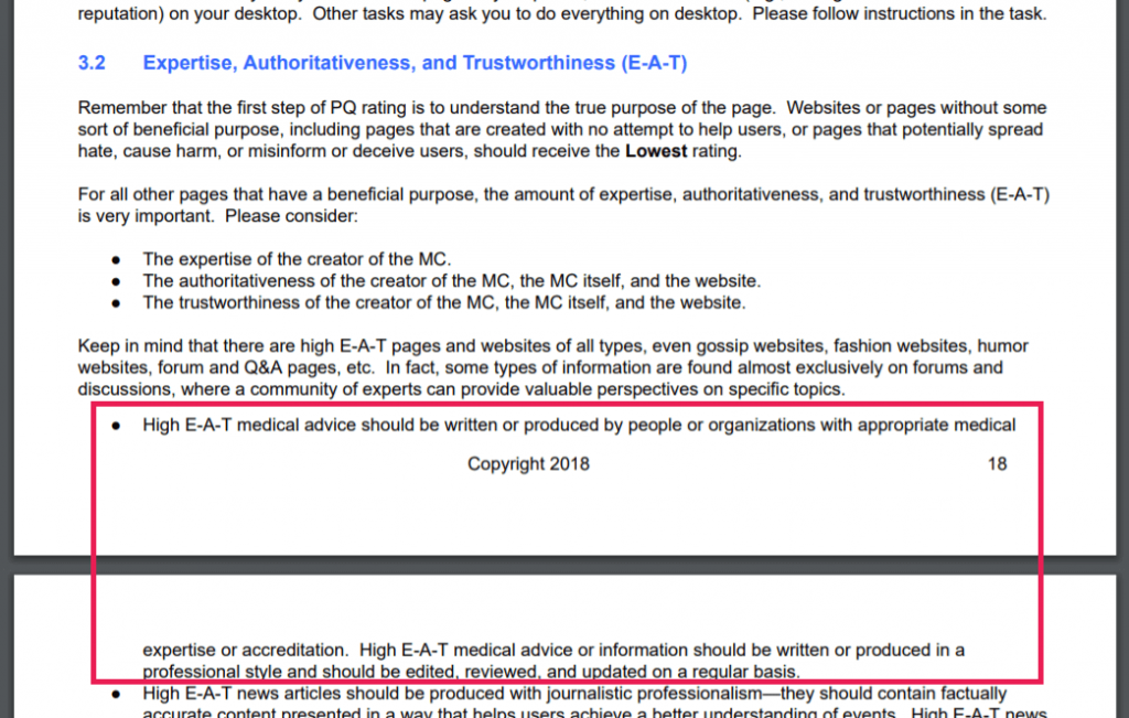 의료 E-A-T 검색 품질 가이드라인 변경