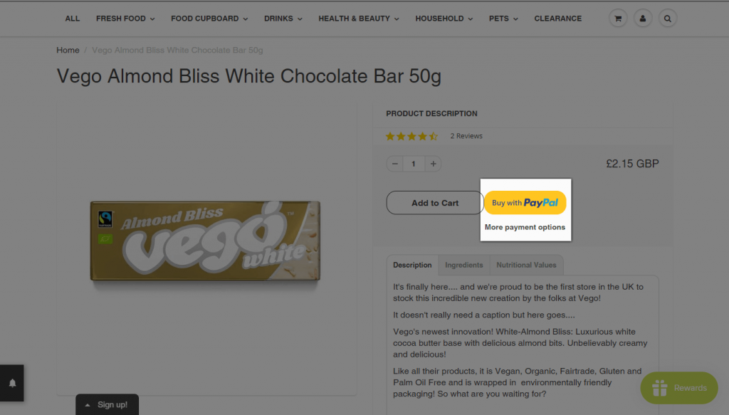 Страница продукта супермаркета GreenBay с кнопкой оплаты PayPal