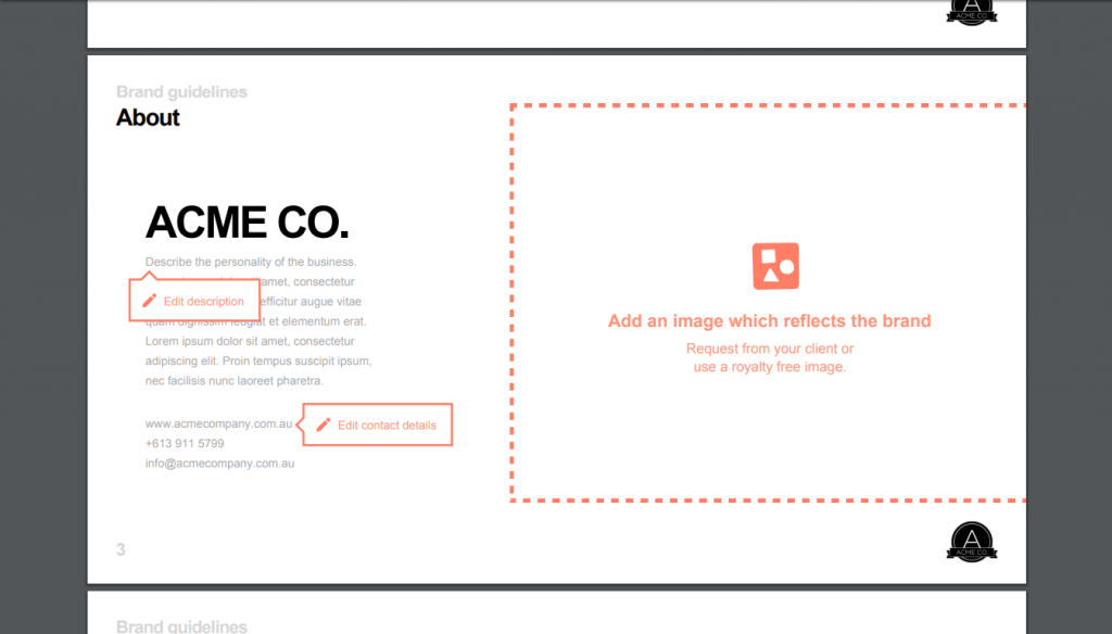 Screenshot del modello di linee guida per il branding di 99designs