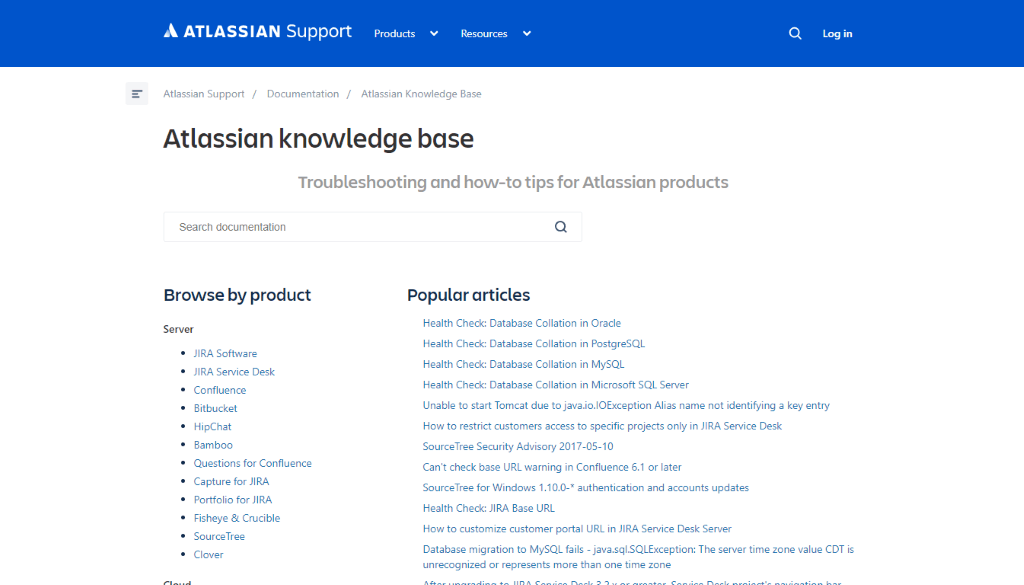 Screenshot della knowledge base Atlassian