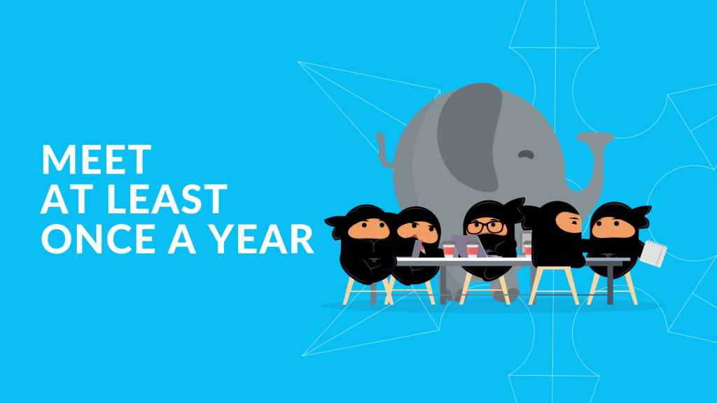 텍스트가 있는 그래픽, 1년에 한 번 이상 만나십시오.