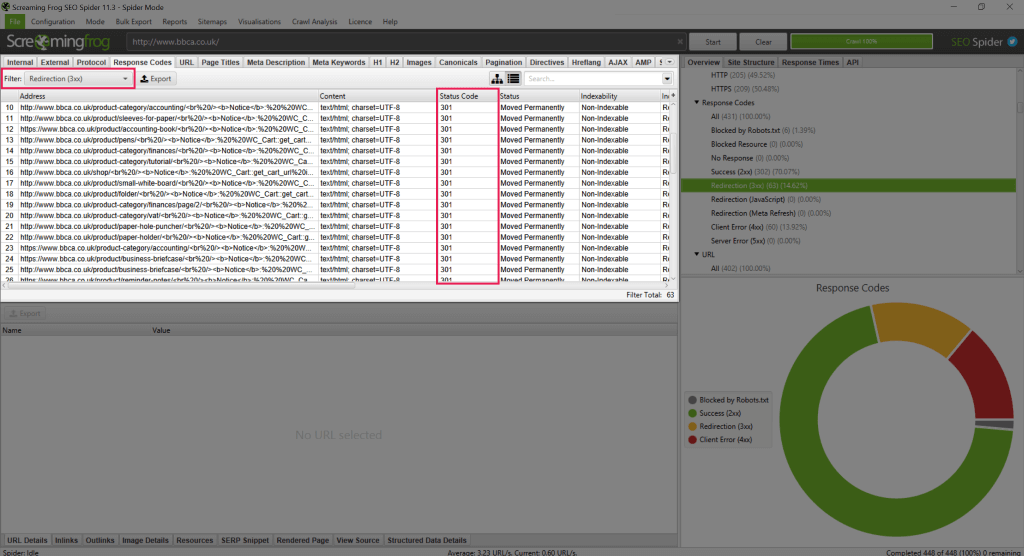 ScreamingFrogの301リダイレクトレポートのスクリーンショット