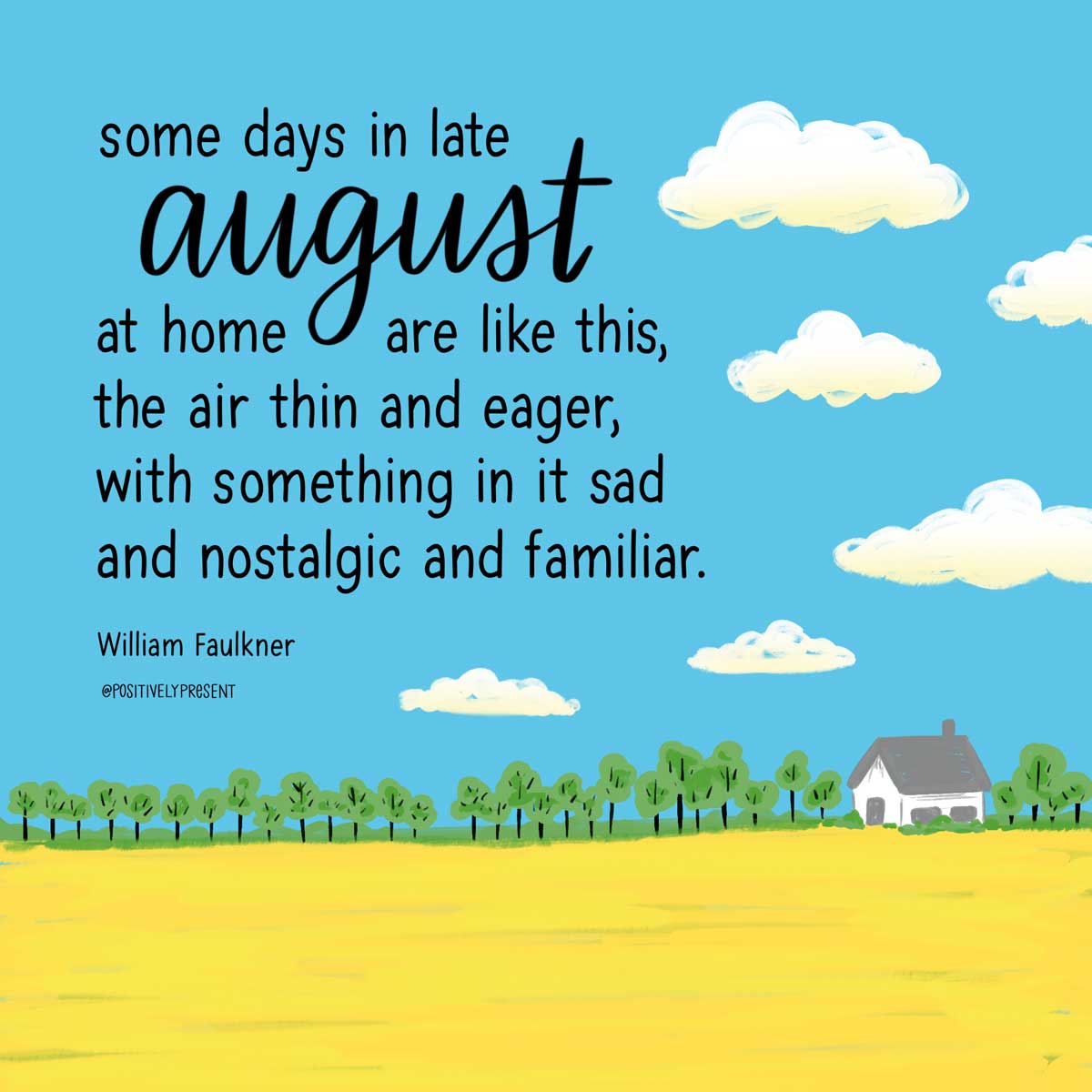 i campi di grano tagliato con la fattoria all'orizzonte del cielo blu hanno una citazione di agosto.