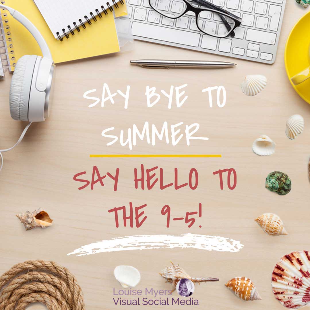 la disposizione piatta di articoli da scrivania e reperti da spiaggia dice ciao estate dalle 9 alle 5.