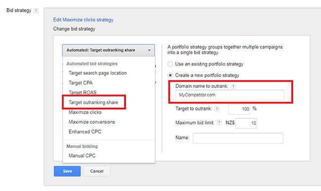 Zrzut ekranu przedstawiający udział w wygranych aukcjach w strategii Google