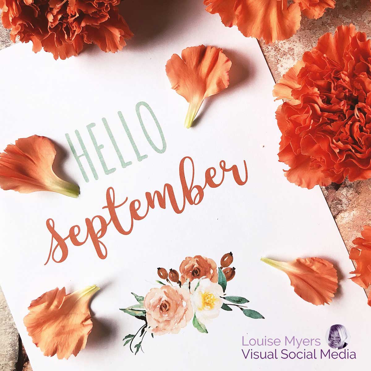 オレンジ色のカーネーションと花びらの平らな場所には、9月にこんにちはと書かれた紙があります。