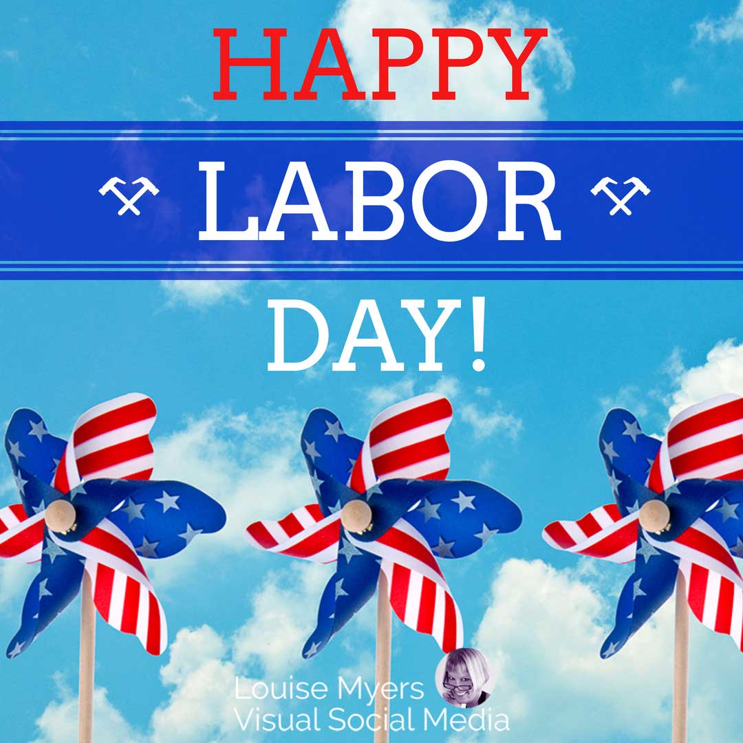 青い空を背景にした赤白と青の風車は、幸せな労働者の日を言います。