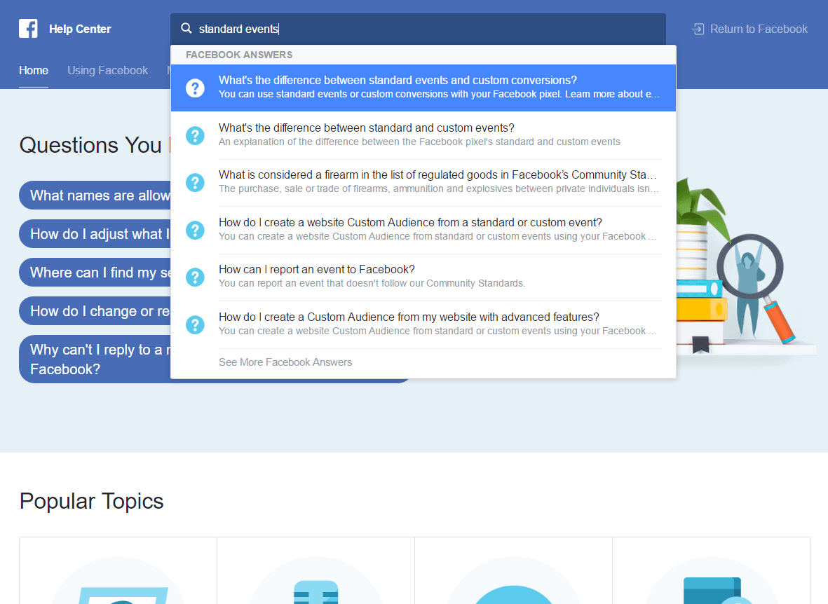 A pesquisa de eventos padrão no guia oficial de anúncios do Facebook