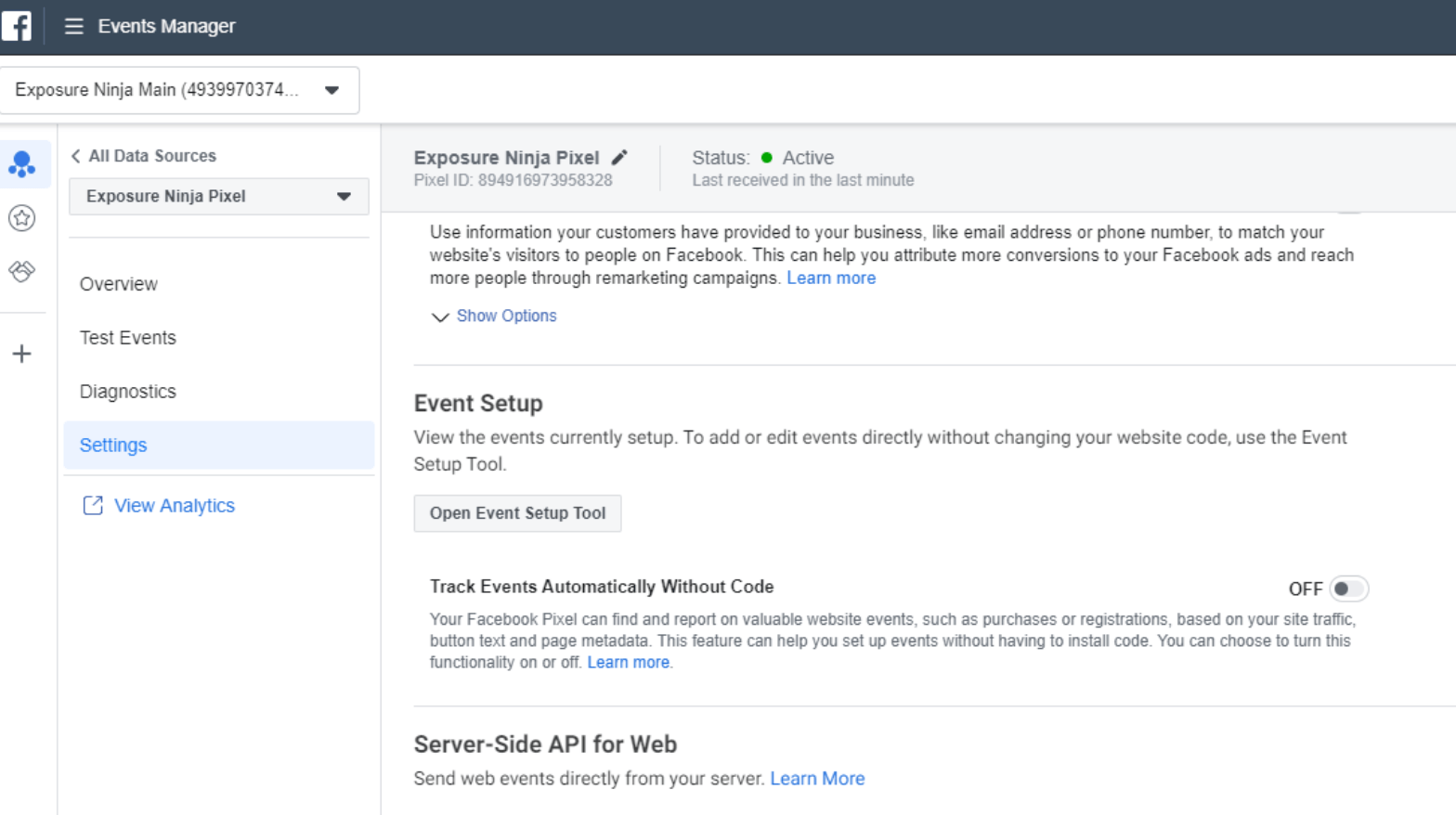 Captura de tela da página de configurações de eventos de anúncios do Facebook