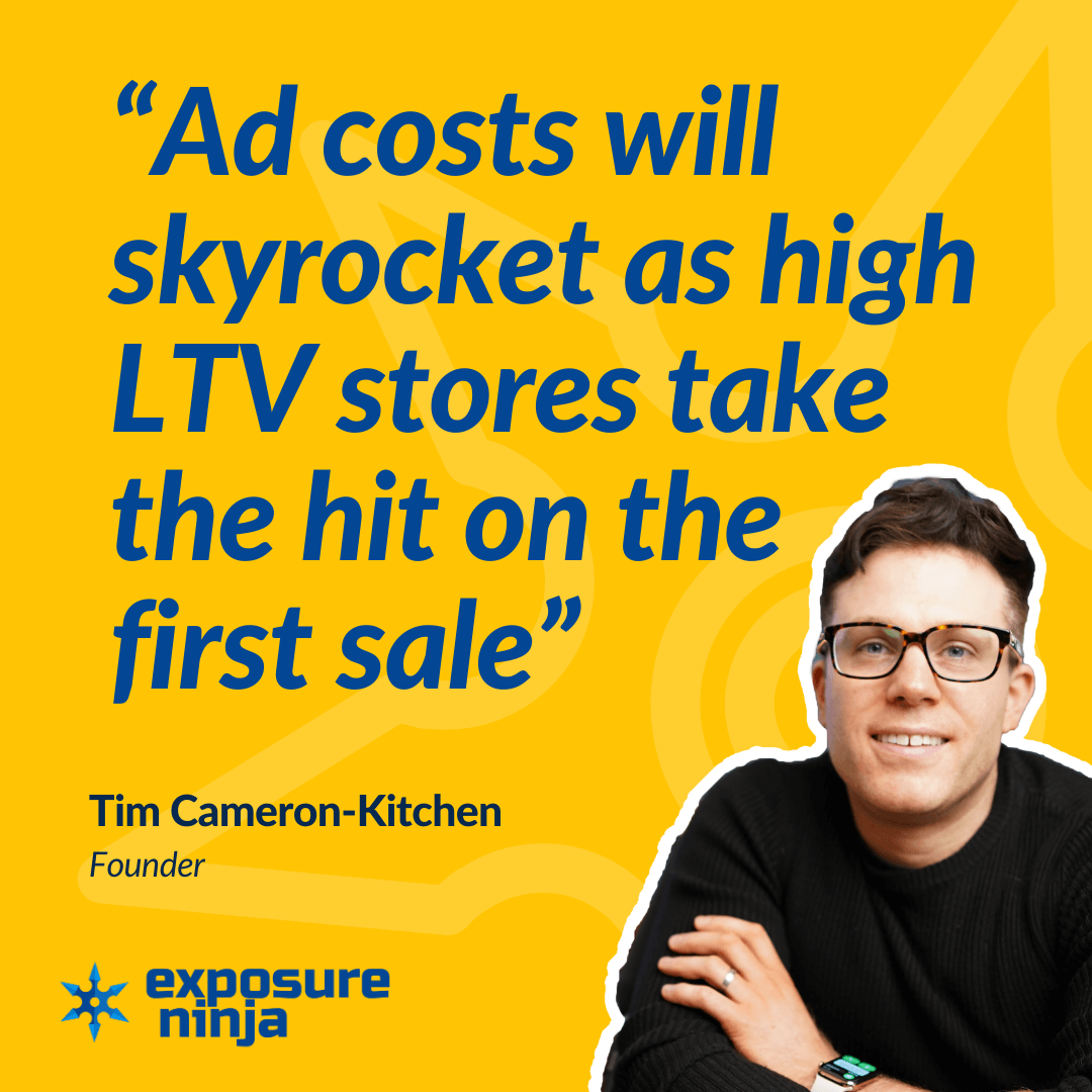 Obraz z cytatem Tima Camerona-Kitchena: „Koszty reklam wzrosną, gdy sklepy o wysokim wskaźniku LTV przyjmą uderzenie przy pierwszej sprzedaży”