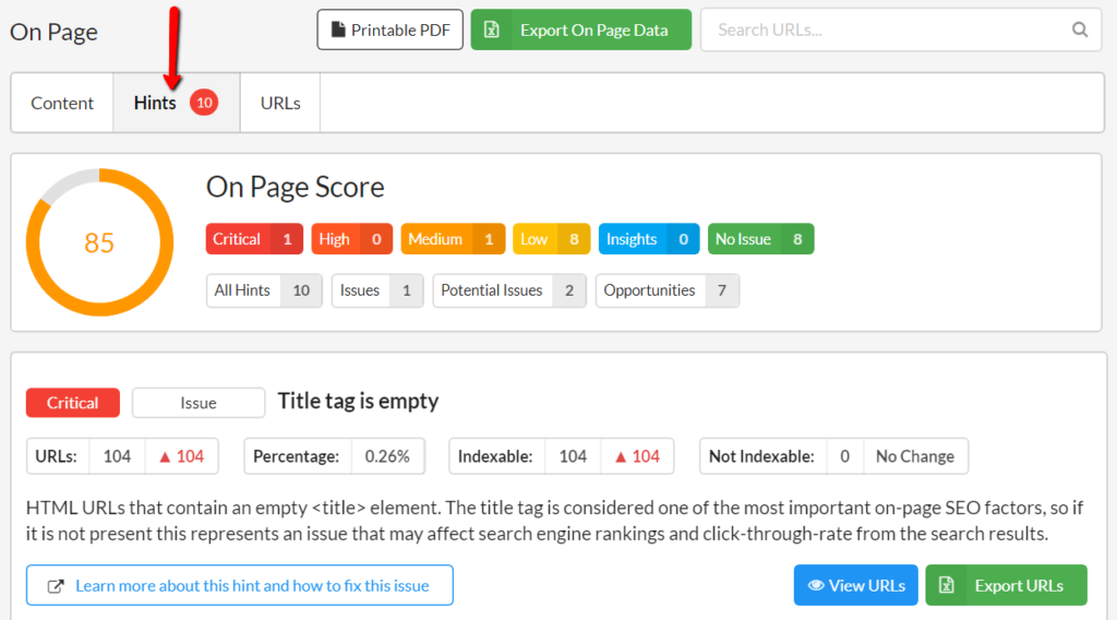 Sitebulb 界面的屏幕截圖，其中突出顯示了“提示”選項卡