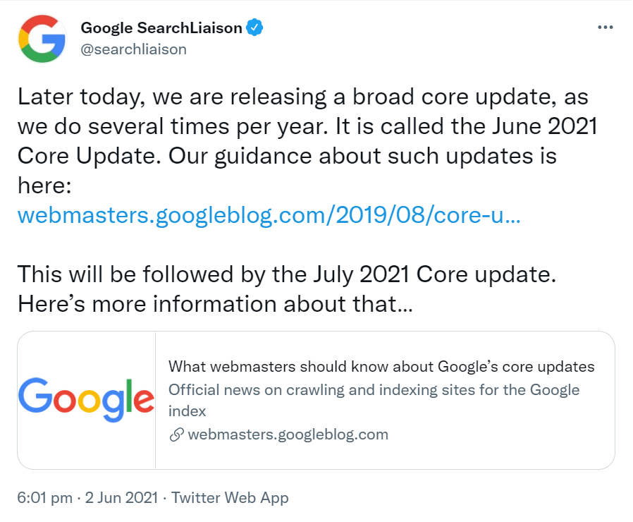 Twitter 在 Google 上發布的廣泛核心更新公告的屏幕截圖