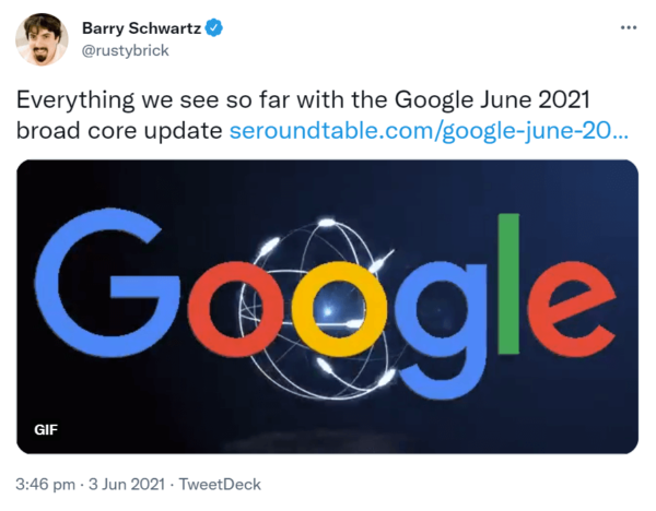 關於 Google 2021 年 6 月廣泛核心更新的 Barry Schwartz 推文截圖