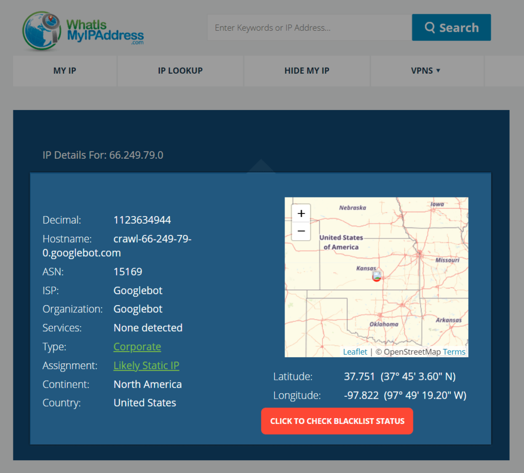 Googlebot 的 IP 地址截圖
