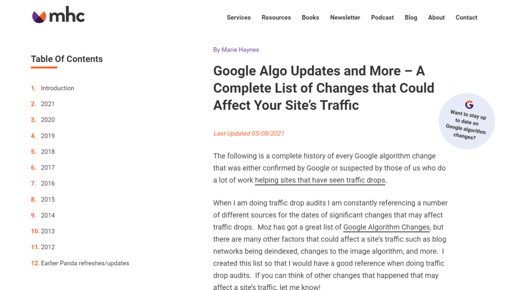 Marie Haynes Consulting 的谷歌算法更新歷史跟踪器截圖