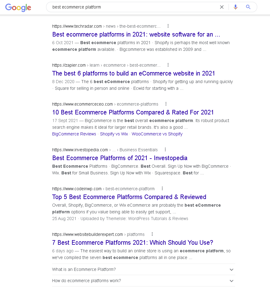 Bild, das die Google-Suche nach „beste E-Commerce-Plattform“ zeigt