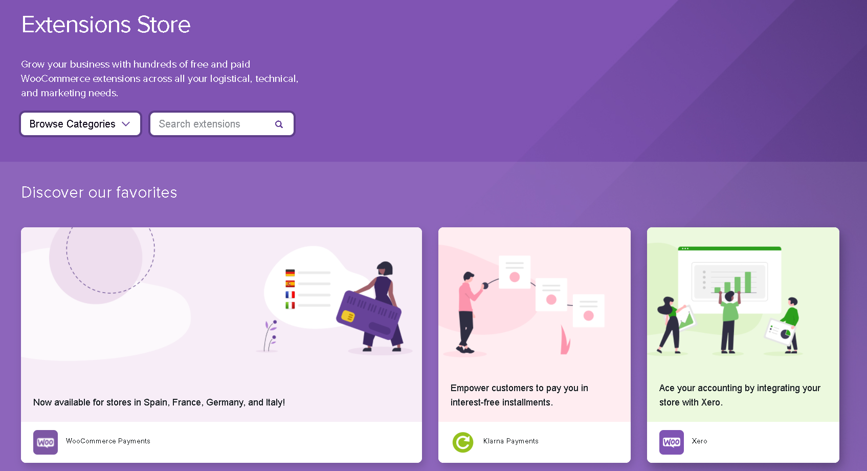 WooCommerce Uzantıları mağazasının ekran görüntüsü