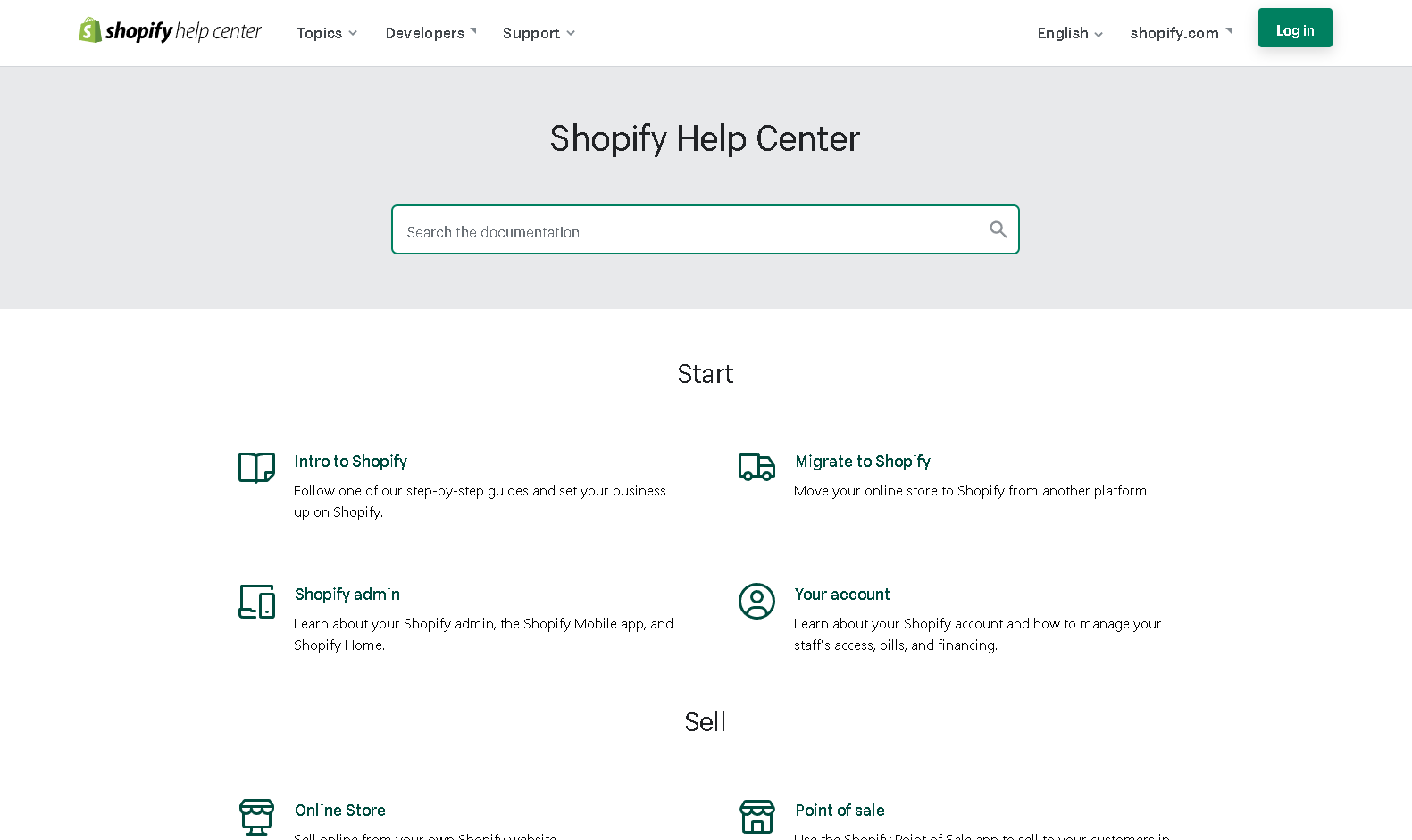 Shopify Yardım Merkezi'nin ekran görüntüsü