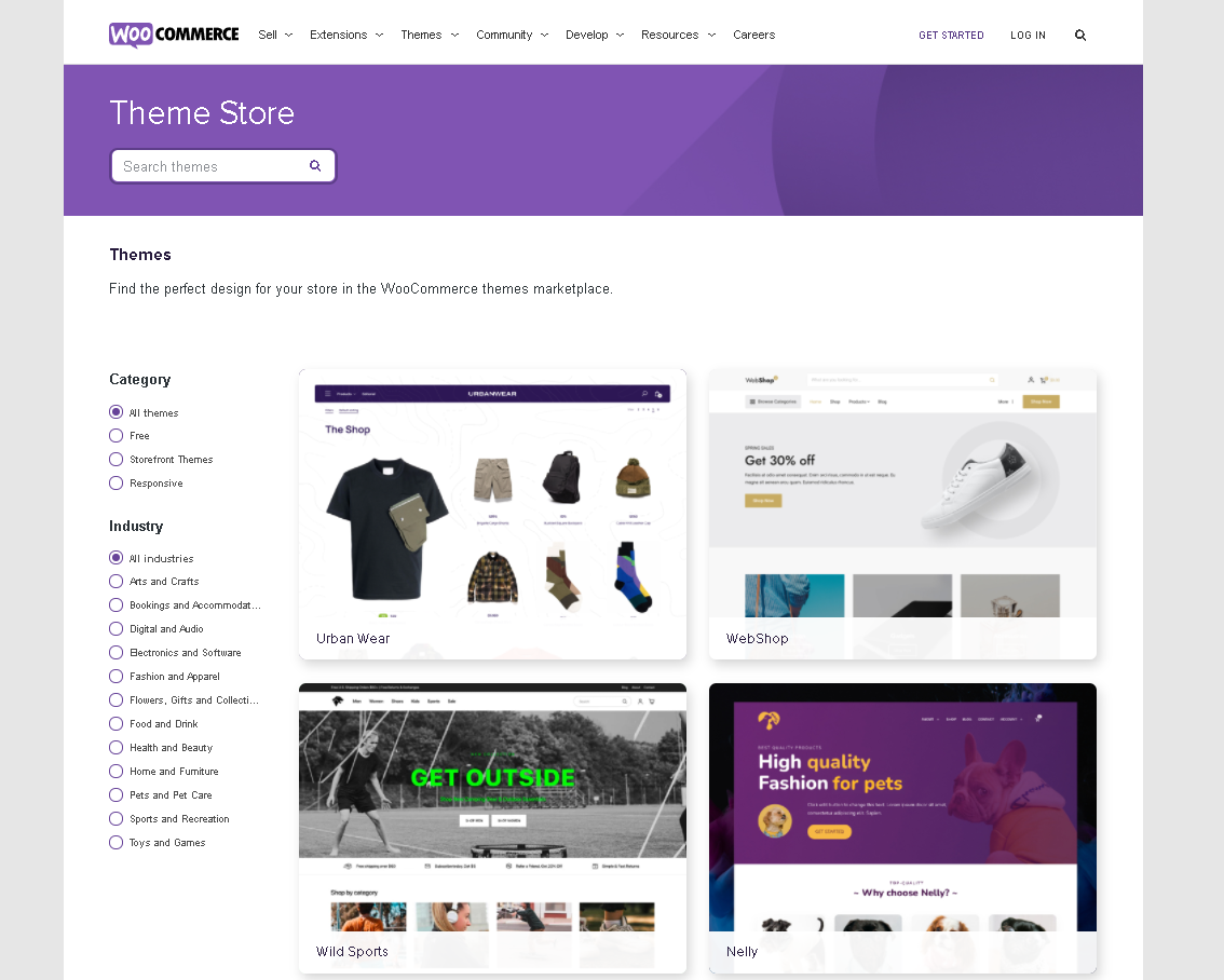 WooCommerce tema mağazasının ekran görüntüsü