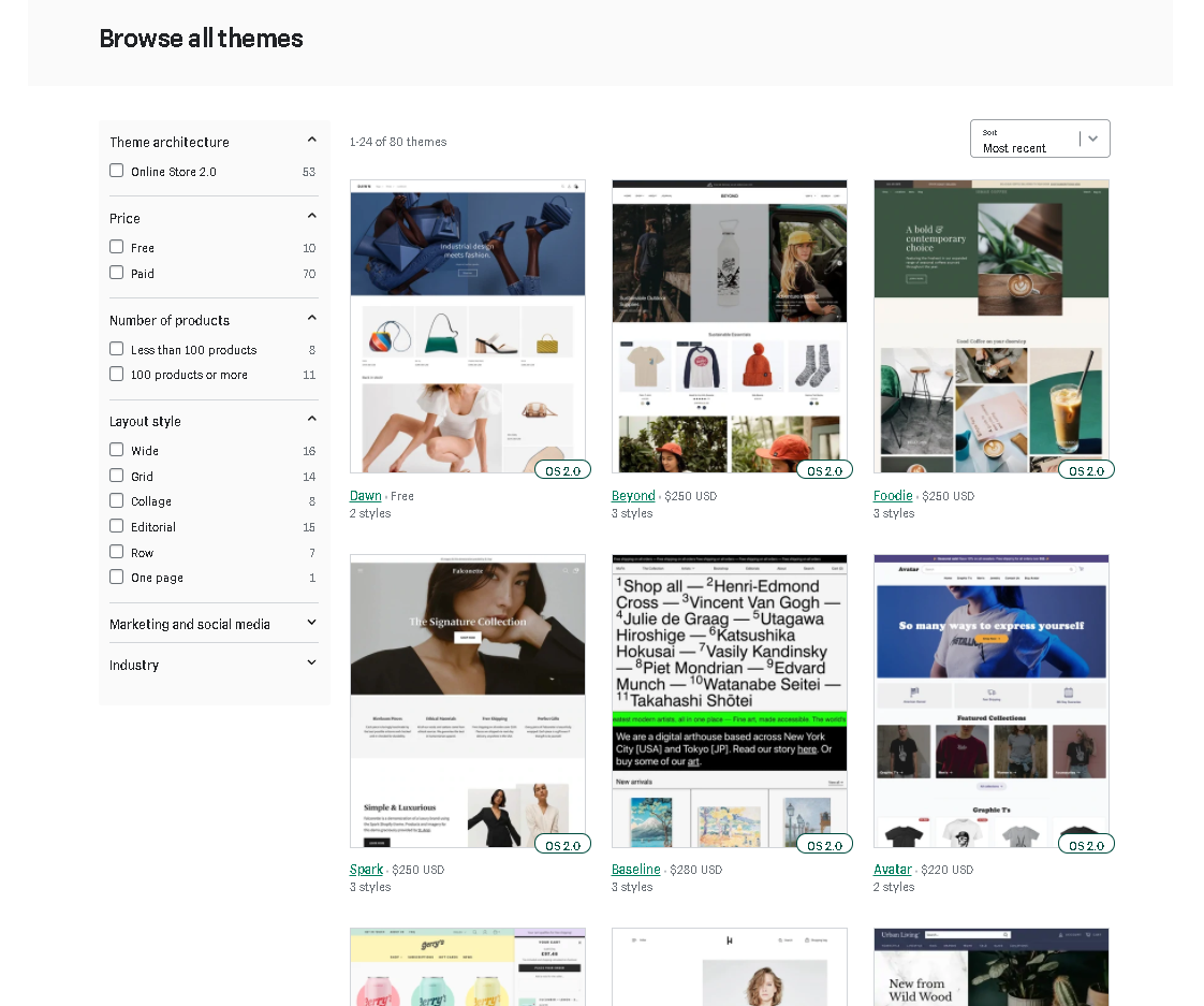 Shopify tema mağazasının ekran görüntüsü