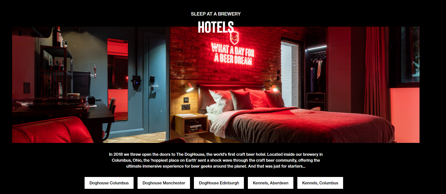 Captura de pantalla del sitio web del hotel BrewDog