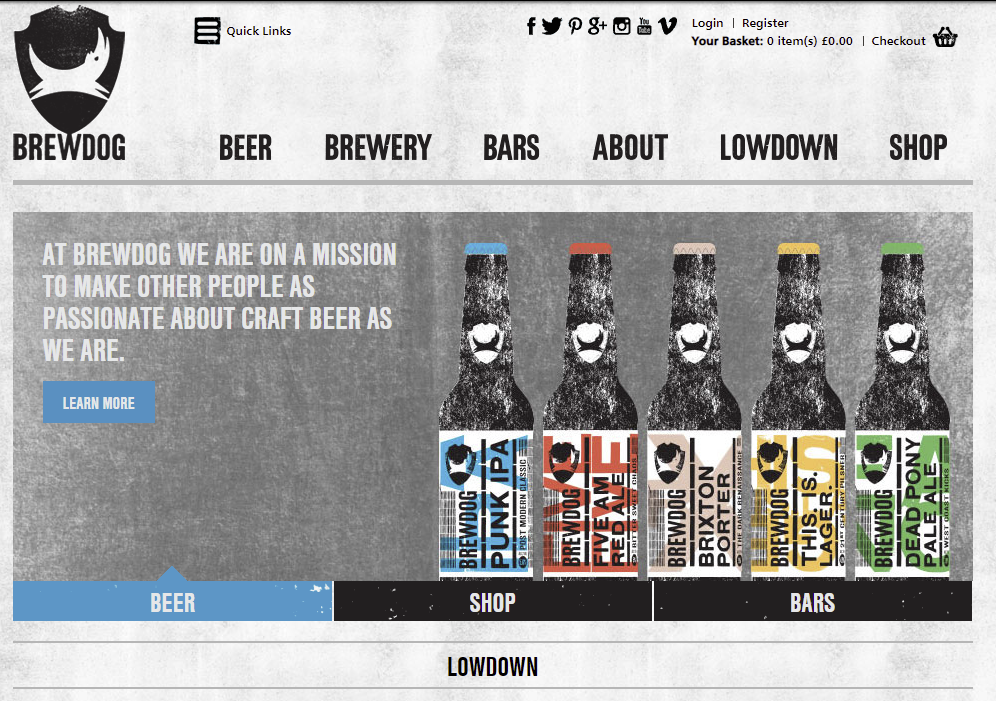 Captura de pantalla del sitio web de BrewDog en 2014