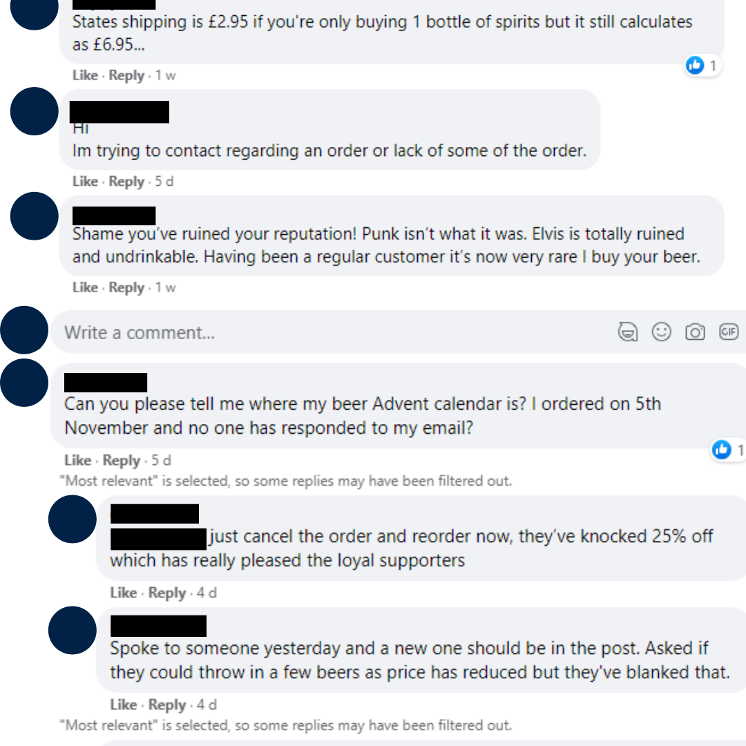 Capturas de pantalla de quejas sin respuesta en la página de Facebook de Brewdog