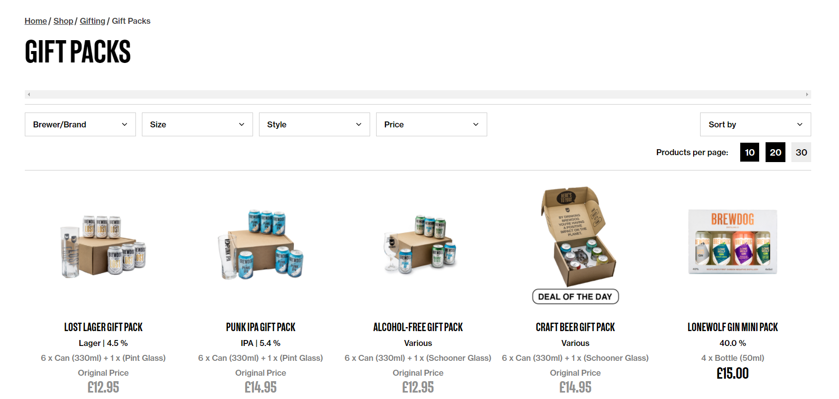 Captura de pantalla de la página de paquetes de regalo de BrewDog