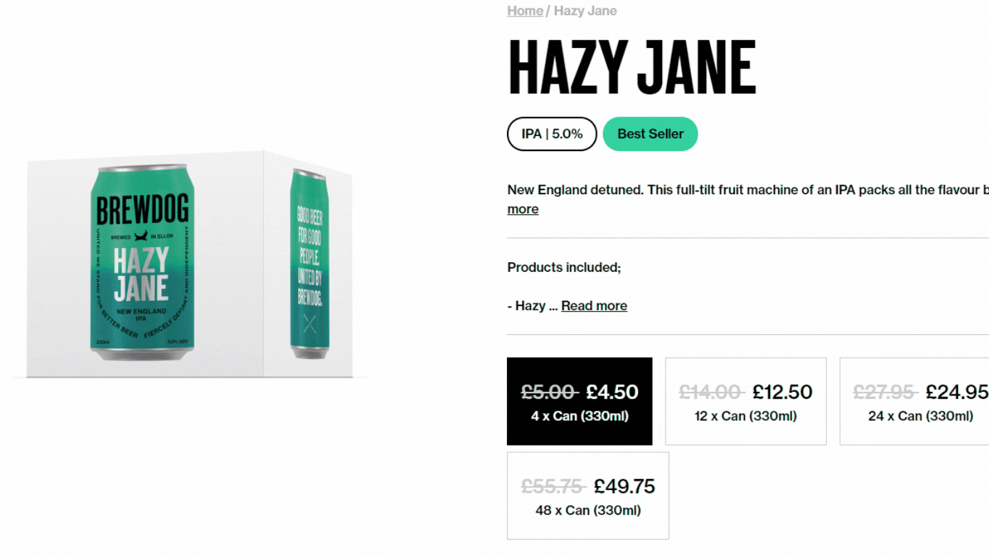 Gif que muestra cómo el precio de agregar al carrito cambia de blanco a negro